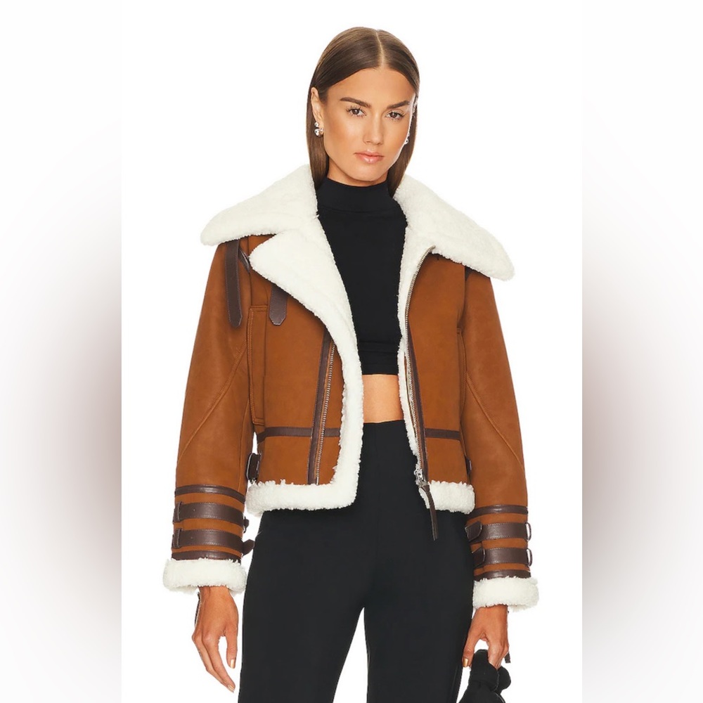 REVOLVE Brown and Cream Shearling Jacket